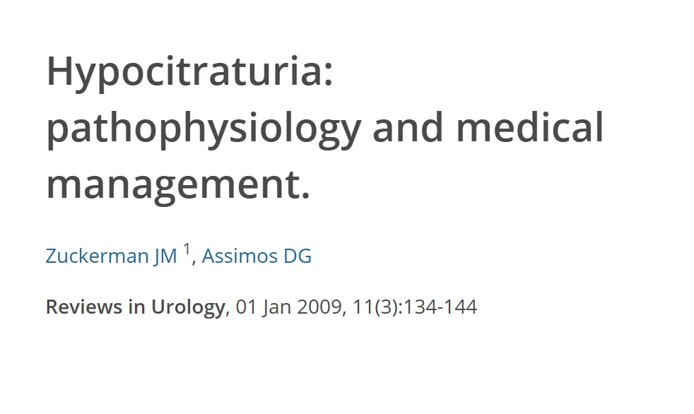 Referência da revisão sobre fisiopatologia e manejo médico da hipocitratúria, com título, autores e revista