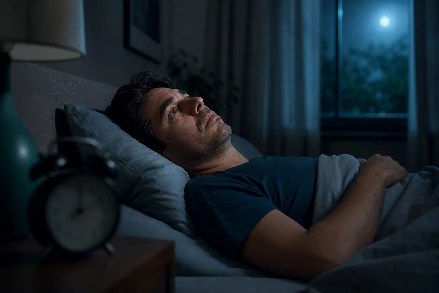 Pessoa acordada na cama de madrugada, olhando o teto, com insônia