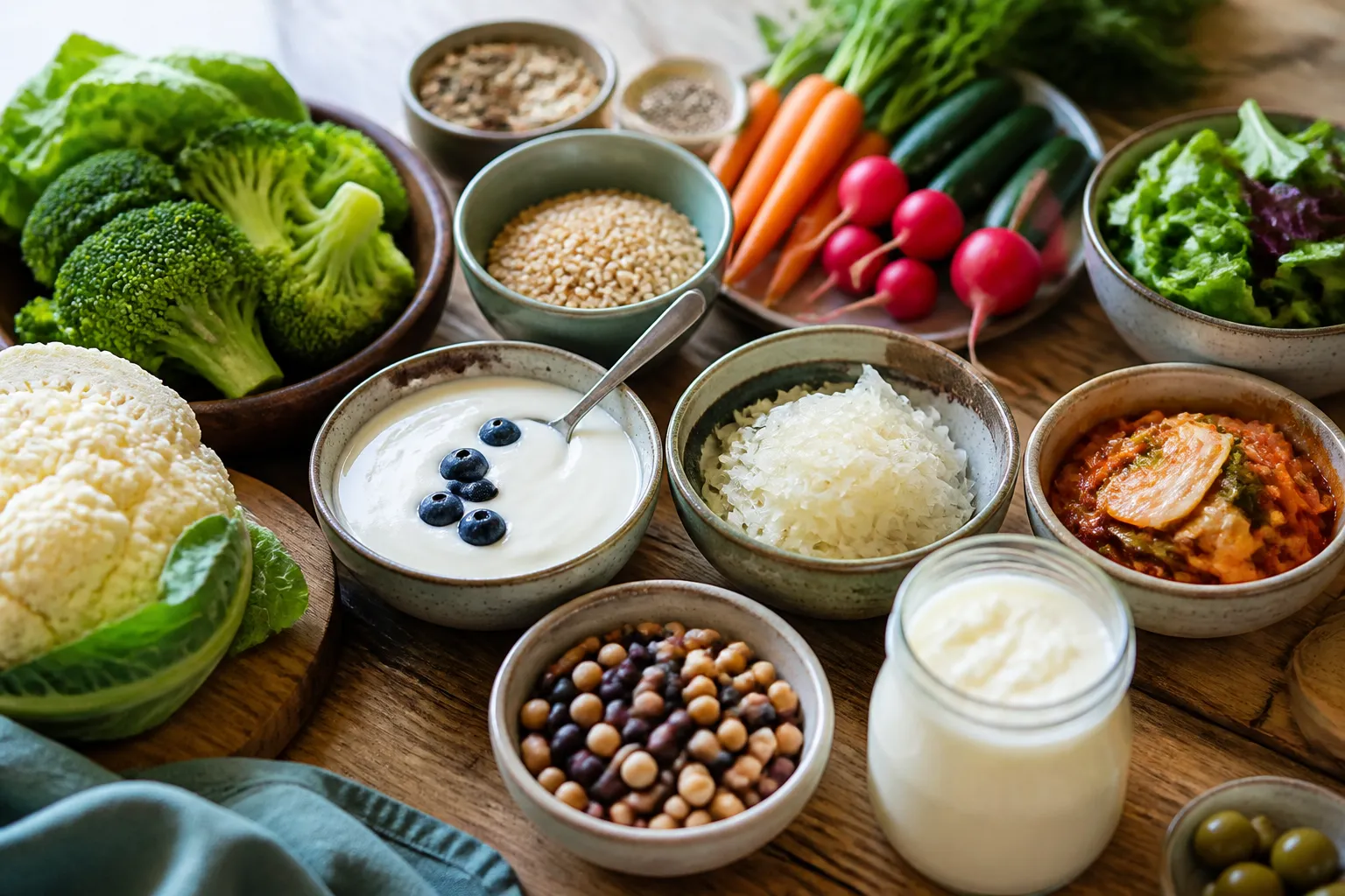 Mesa com alimentos ricos em fibras e fermentados ligados à microbiota