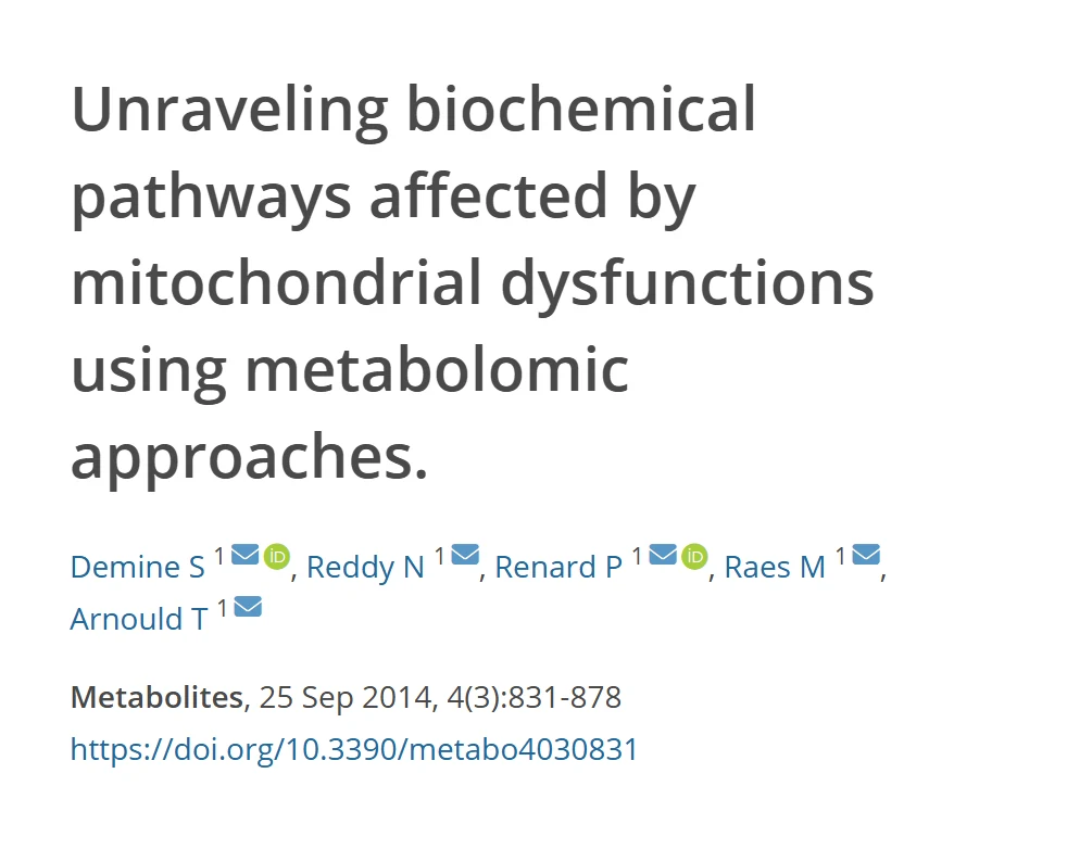 Referência da revisão sobre vias bioquímicas afetadas por disfunções mitocondriais avaliadas por metabolômica, com título, autores, revista e DOI