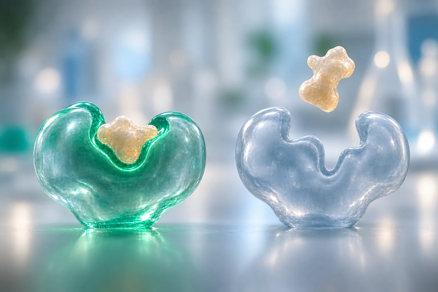 Render científico de duas estruturas receptoras, uma com um fragmento perfeitamente encaixado e a outra com o mesmo fragmento pairando sem conseguir se acomodar