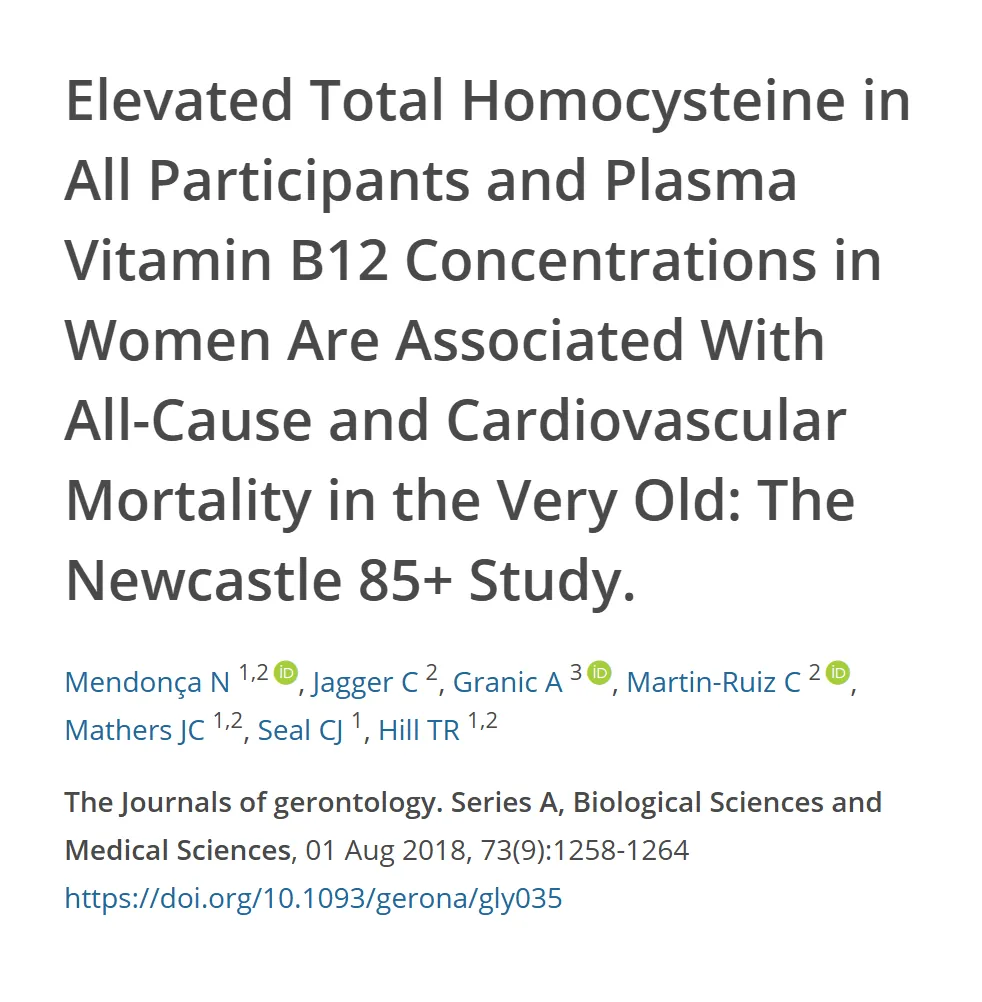Referência do estudo de coorte sobre homocisteína, vitamina B12 e mortalidade em pessoas muito idosas, com título, autores, revista e DOI