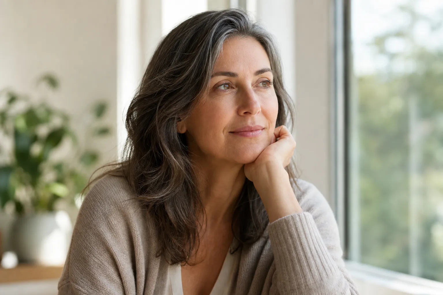 Retrato sóbrio e natural de uma mulher madura em um ambiente claro e sereno, transmitindo dignidade e serenidade na transição da menopausa