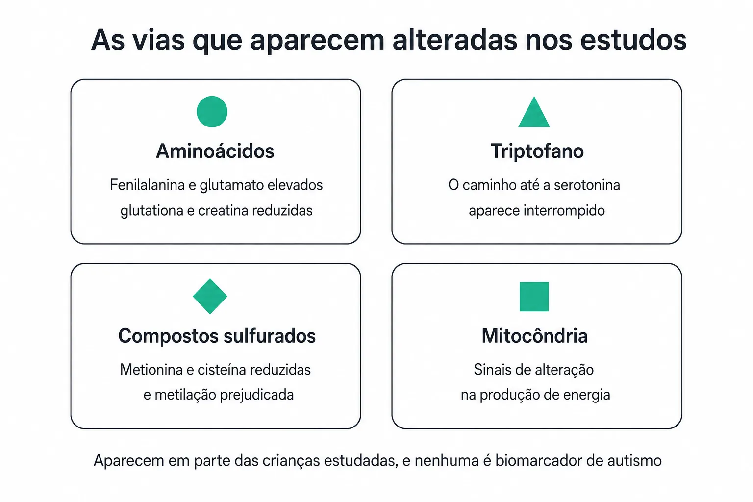 Infográfico das vias metabólicas descritas nos estudos de autismo, com fenilalanina, triptofano, compostos sulfurados e mitocôndria