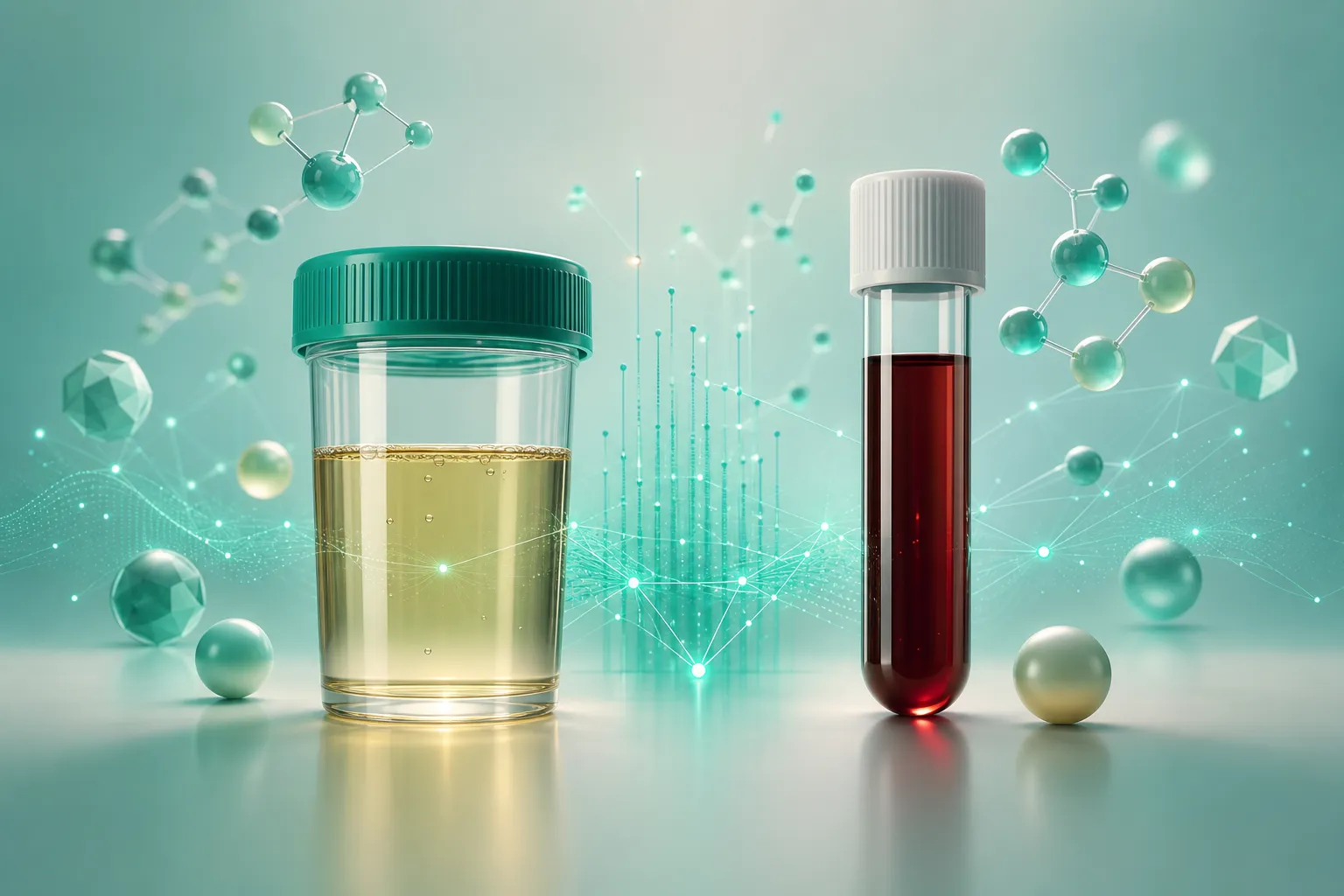 Ilustração 3D de um pote de urina e um tubo de coleta de sangue com moléculas em tons de jade