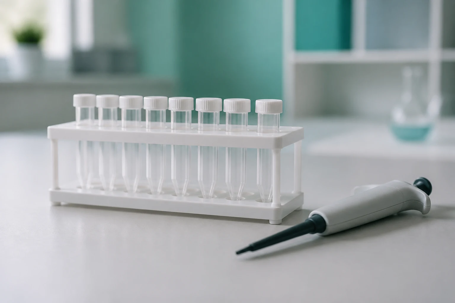 Bancada de laboratório clara com amostras em suporte e pipeta, em luz natural difusa