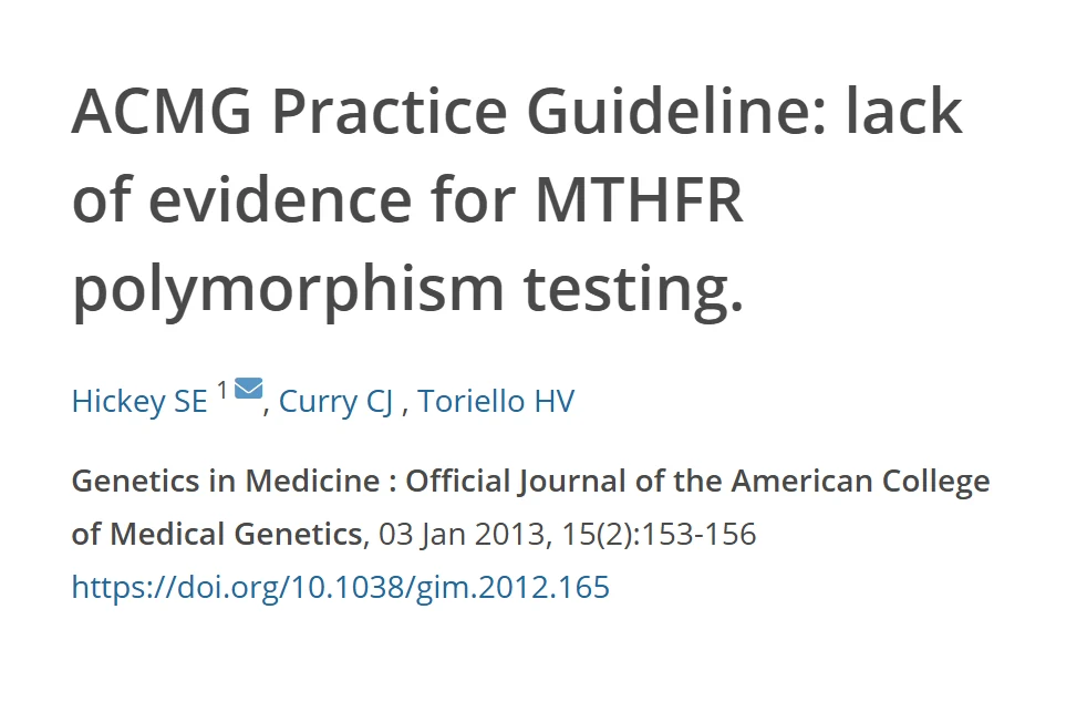 Referência da diretriz de prática do colégio americano de genética médica sobre o teste de polimorfismo do MTHFR, com título, autores, revista e DOI