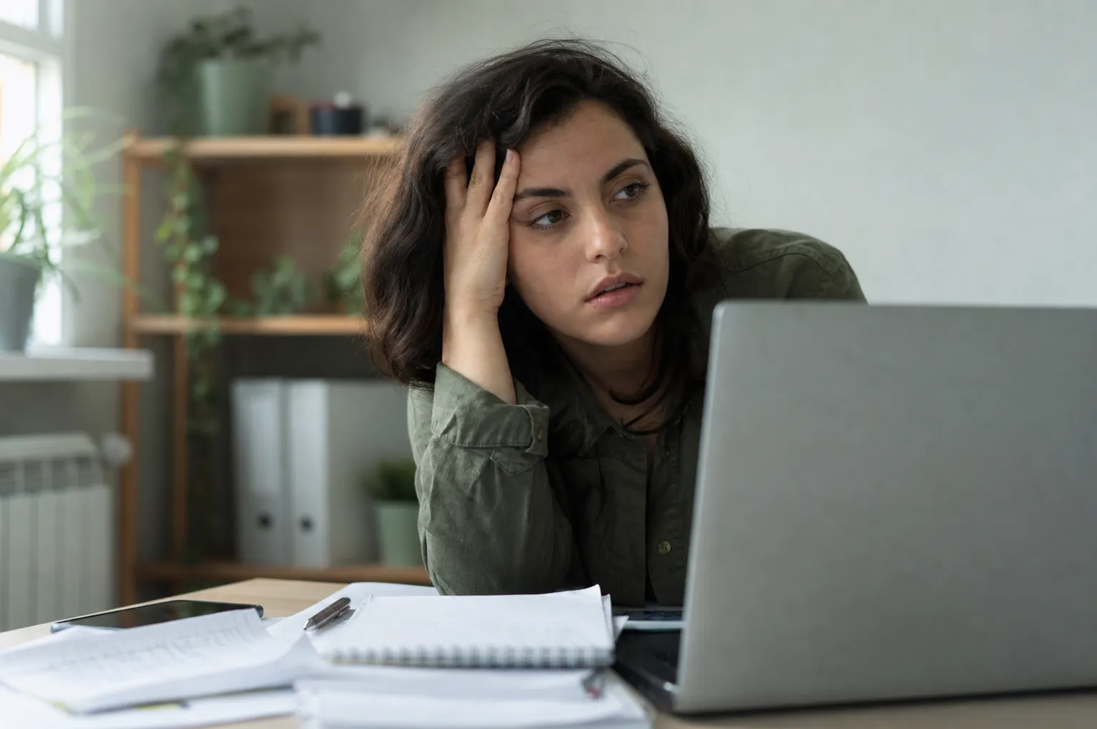 Adulto no trabalho com olhar perdido diante da tela, sinal de névoa mental