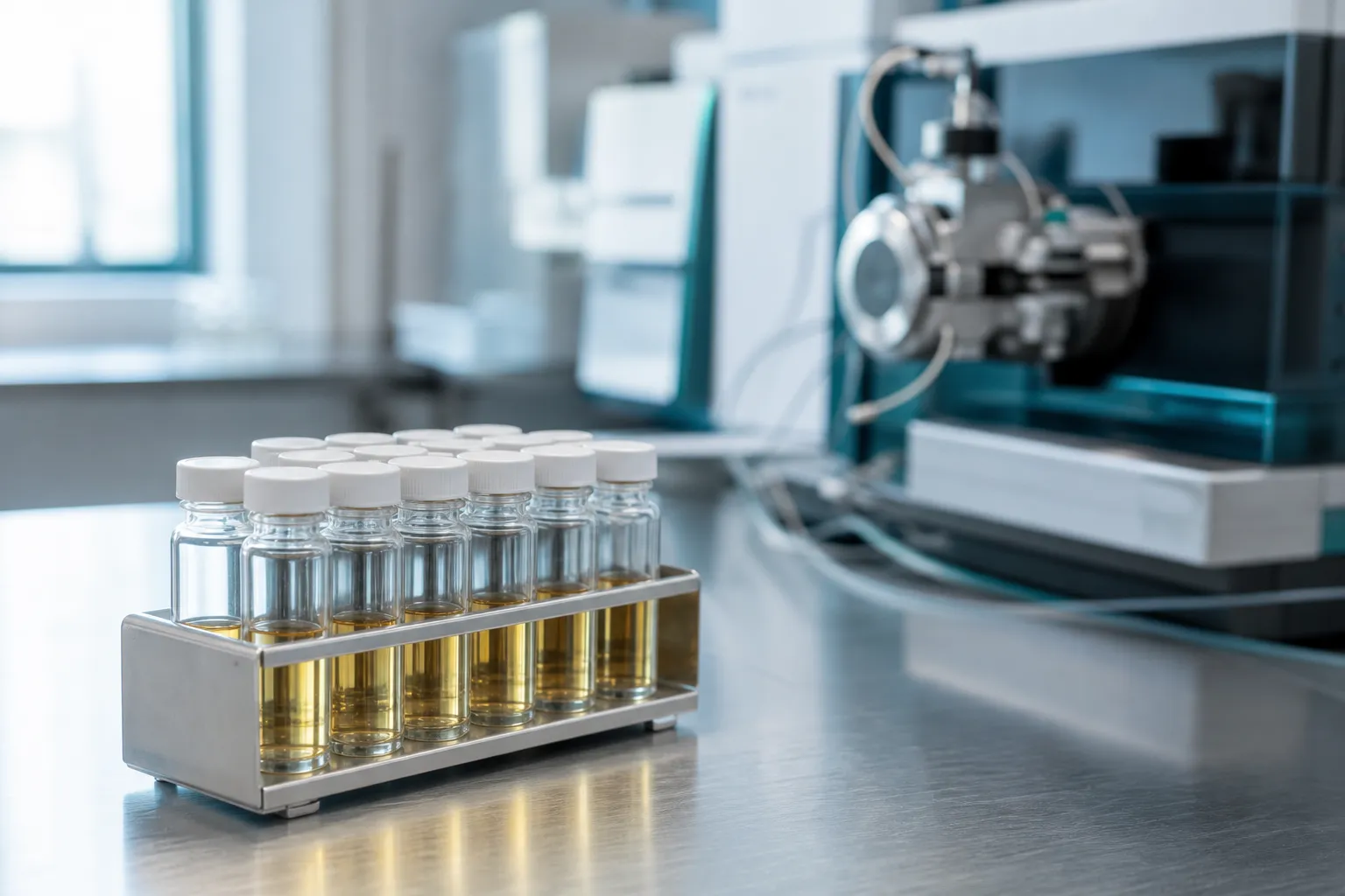 Rack de amostras biológicas em bancada de laboratório com um analisador ao fundo