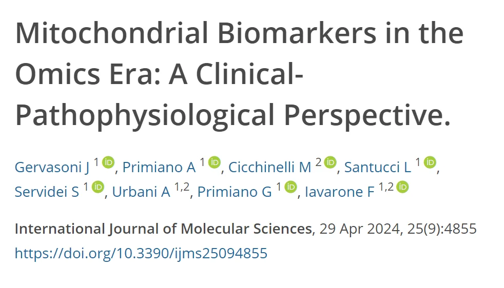 Referência do estudo sobre biomarcadores mitocondriais na era ômica, com título, autores, revista e DOI