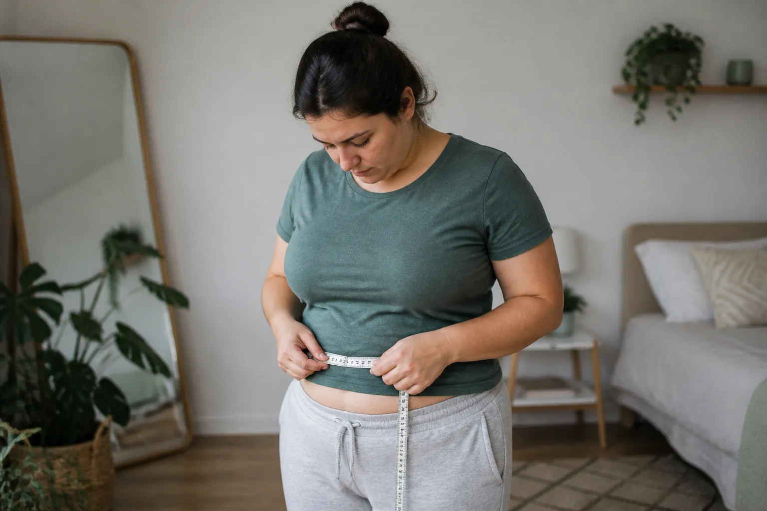 Adulto medindo a cintura em casa, com expressão pensativa sobre a gordura abdominal