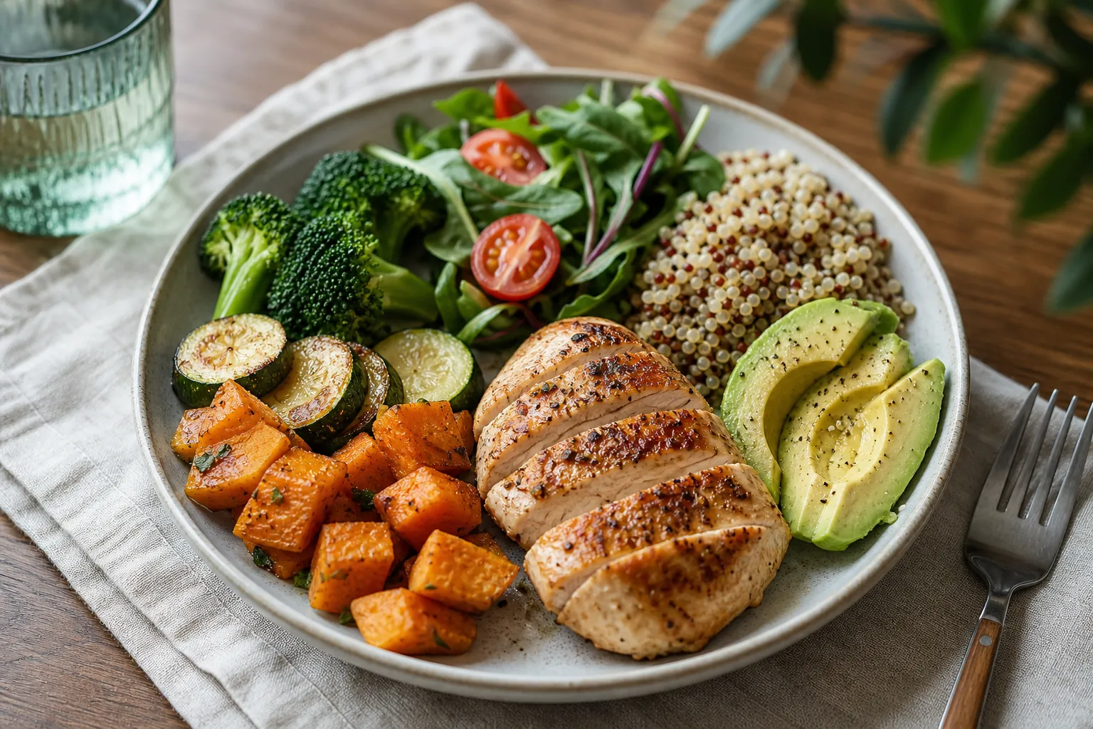 Prato equilibrado com proteína magra e vegetais, ligado ao controle glicêmico