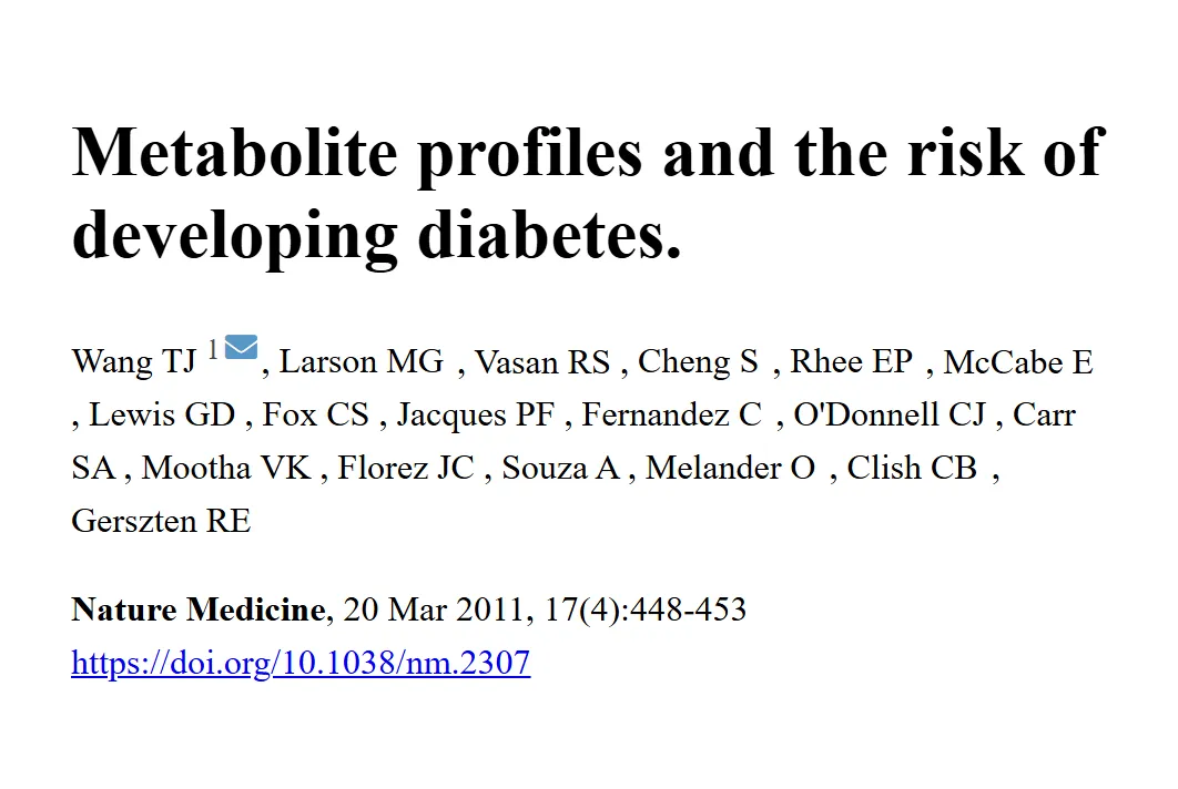 Referência do estudo na Nature Medicine sobre perfis de metabólitos e o risco de desenvolver diabetes, com título, autores, revista e DOI