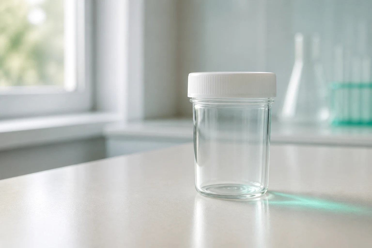 Frasco de coleta de urina sobre bancada clara de laboratório, com luz natural, antes do processamento da amostra