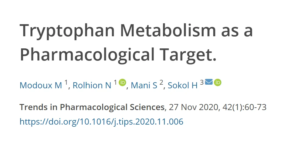 Referência da revisão sobre o metabolismo do triptofano como alvo farmacológico, com título, autores, revista e DOI