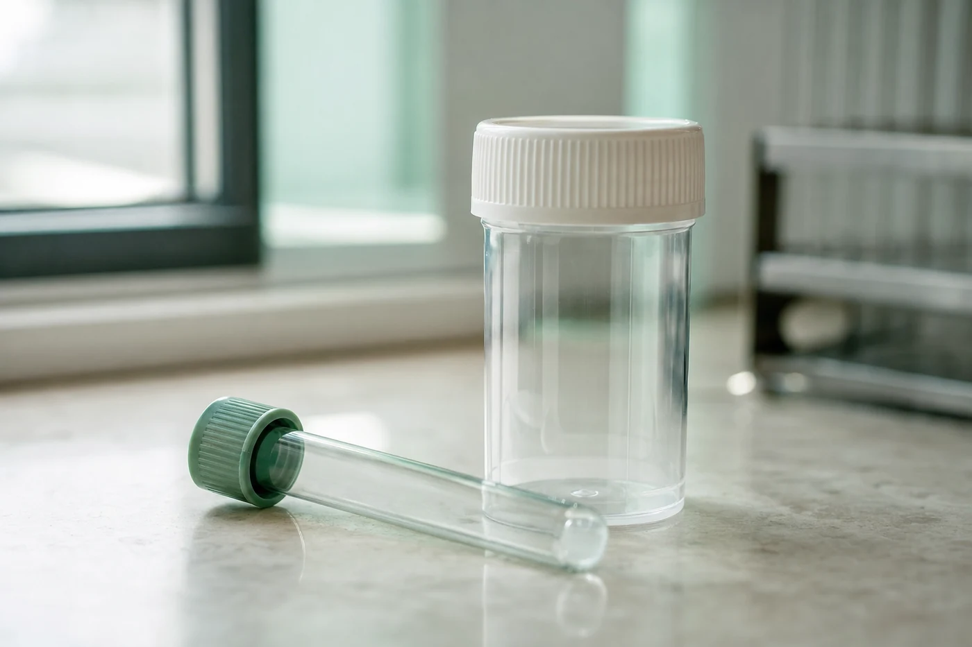 Tubo de coleta de sangue e frasco de coleta de urina lado a lado sobre bancada clara de laboratório