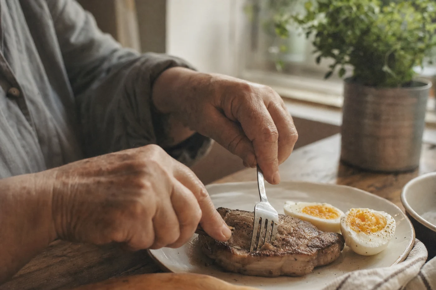 Mãos de pessoa idosa preparando um prato com carne e ovo sobre mesa de madeira, em luz natural