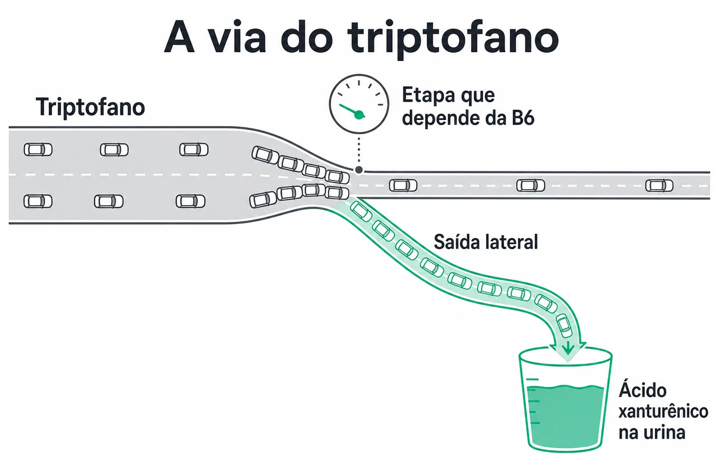 Infográfico da via do triptofano mostrando a etapa que depende da vitamina B6 e a saída lateral que forma o ácido xanturênico na urina