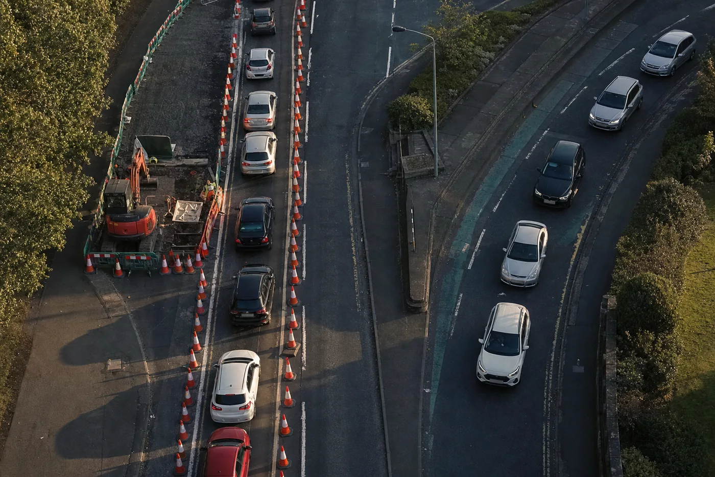 Rua lateral sinalizada como desvio, com trânsito escapando de uma pista principal estreitada por obra