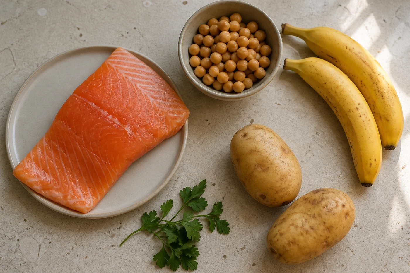 Alimentos fontes de vitamina B6 sobre bancada clara, entre eles peixe, grão de bico, banana e batata
